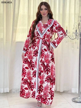 Модные длинные платья Siskakia, мусульманские абайи для женщин, длинный рукав, V-образный вырез, одежда с поясом, турецкий халат, Марокканский кафтан, Женский халат
