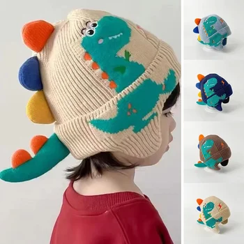 Мультяшный Динозавр, Детские наушники, зимняя теплая вязаная шапочка-бини для мальчика и девочки, милые 3D однотонные шапочки для защиты ушей малышей