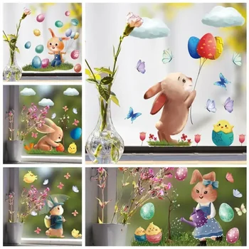 Наклейка на стекло с Пасхальным кроликом, Пасхальный мультфильм, милый кролик, наклейки с яйцами, Весенние Пасхальные наклейки, украшения для дома