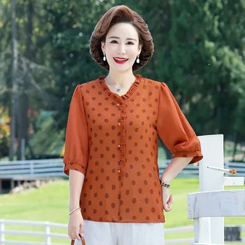 Новая летняя женская модная повседневная блузка среднего размера с коротким рукавом в горошек, топы, свободная рубашка с ажурным краем