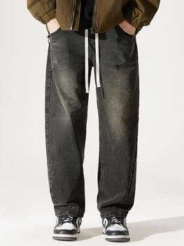 Осенние брюки-шаровары YIHANKE Male Black Длиной до щиколоток с веревочным украшением, уличная одежда, джинсовые брюки с эластичным поясом