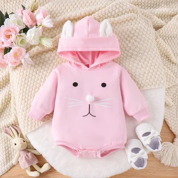Пасхальная одежда для новорожденных девочек, комбинезон с капюшоном и кроликом, толстовка, боди с кроличьим хвостом
