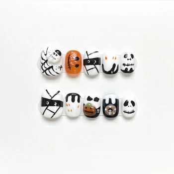 Печать на ногтях на Хэллоуин, ручная роспись, тыквенный дизайн Ghostface, Украшение для Хэллоуина, Маникюр, пригодные для носки искусственные типсы для ногтей