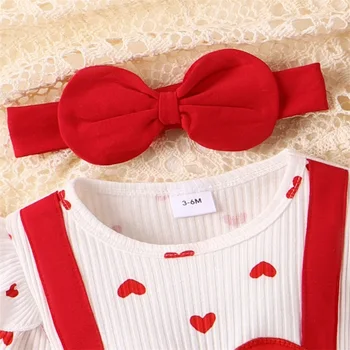 Платье-комбинезон для маленьких девочек с длинным рукавом, рюшами и принтом в виде сердца, с повязкой на голову, наряды на День Святого Валентина