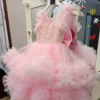 Платья для девочек в цветочек из розового тюля с пышной жемчужной складкой и бантом без рукавов для свадьбы, дня рождения, вечеринки, первого причастия