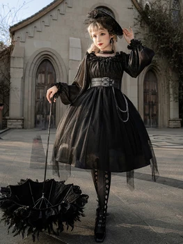 Повседневное кружевное платье с длинным рукавом и высокой талией в стиле Лолиты, Gothic Girl Killer, Dark Wind Loli