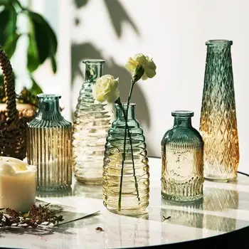 Прозрачная стеклянная ваза с ретро-тиснением, Гидропонная стеклянная ваза для гостиной, Градиентный цвет, Домашняя цветочная композиция, украшения