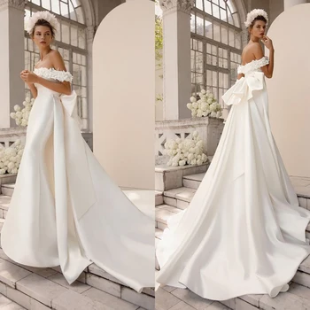 Простые белые арабские свадебные платья Русалка с открытыми плечами, галстук-бабочка, свадебные платья Aso Ebi, Кружевная аппликация, платье невесты