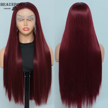 Прямой парик Синтетический Бесклеевой парик Прямые волосы Прозрачные Кружевные парики для женщин 13x1 Синтетический парик высокого качества Бордово-красный