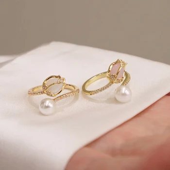 Роскошные Модные кольца с искусственным жемчугом в виде цветка тюльпана для женщин, Темпераментное жемчужное кольцо с регулируемым отверстием, Элегантные украшения для свадебной вечеринки