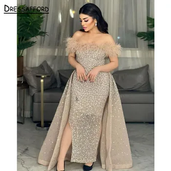 Сексуальные вечерние платья цвета шампанского Arabia, роскошные платья, расшитые бисером, 2023, с открытыми плечами для женщин, Свадебная вечеринка