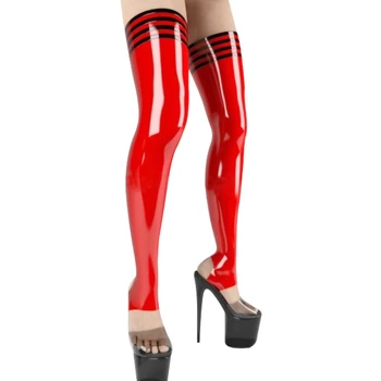Сексуальные длинные латексные чулки Balck с красной резинкой, фетиш для женской одежды