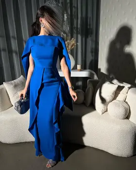 Синие платья-футляры с оборками для выпускного вечера 2023, Элегантное праздничное платье без рукавов длиной до щиколоток, Арабские вечерние платья Vestidos De