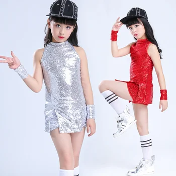 Танцевальная одежда с блестками для девочек 4-12 лет, блестящий танцевальный костюм в стиле хип-хоп, джаз, топ без рукавов и шорты