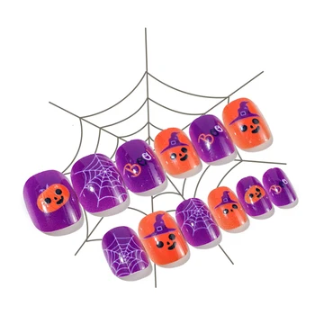 Тема Хэллоуина, детские глянцевые накладные ногти, полное покрытие, квадратные искусственные типсы для профессионального маникюрного салона