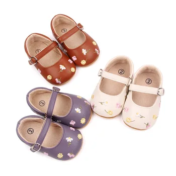 Туфли-лодочки для маленьких девочек из искусственной кожи с цветочной вышивкой Princess First Walker