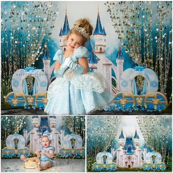 Фон для фотосъемки в Голубом замке Мечты, Королевской кареты, детского праздничного торта, Блестящего реквизита для фотостудии