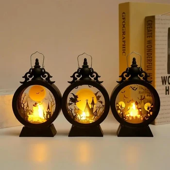 Фонарь из тыквы ведьмы на Хэллоуин, портативный светодиодный фонарь в винтажном замке для украшения столов, окон, стен