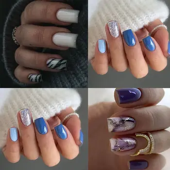 Французские накладные ногти, Новые Черно-Белые Полоски, Фиолетовые Блестящие Накладные ногти, Длинные Квадратные Съемные Типсы для ногтей, сделай сам