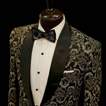 Черные официальные мужские костюмы с золотым 3D жаккардовым переплетением Из двух предметов одежды жениха (куртка + брюки)