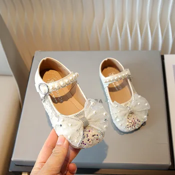 Шикарные свадебные туфли для девочек, модная повседневная детская обувь из искусственной кожи с блестками и жемчугом, простое детское праздничное платье на плоской подошве, обувь Мэри Джейн